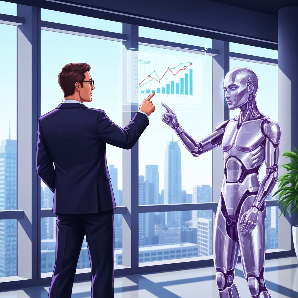 A human business coach and an AI hologram collaboratively analyzing data on a transparent screen in a modern office.