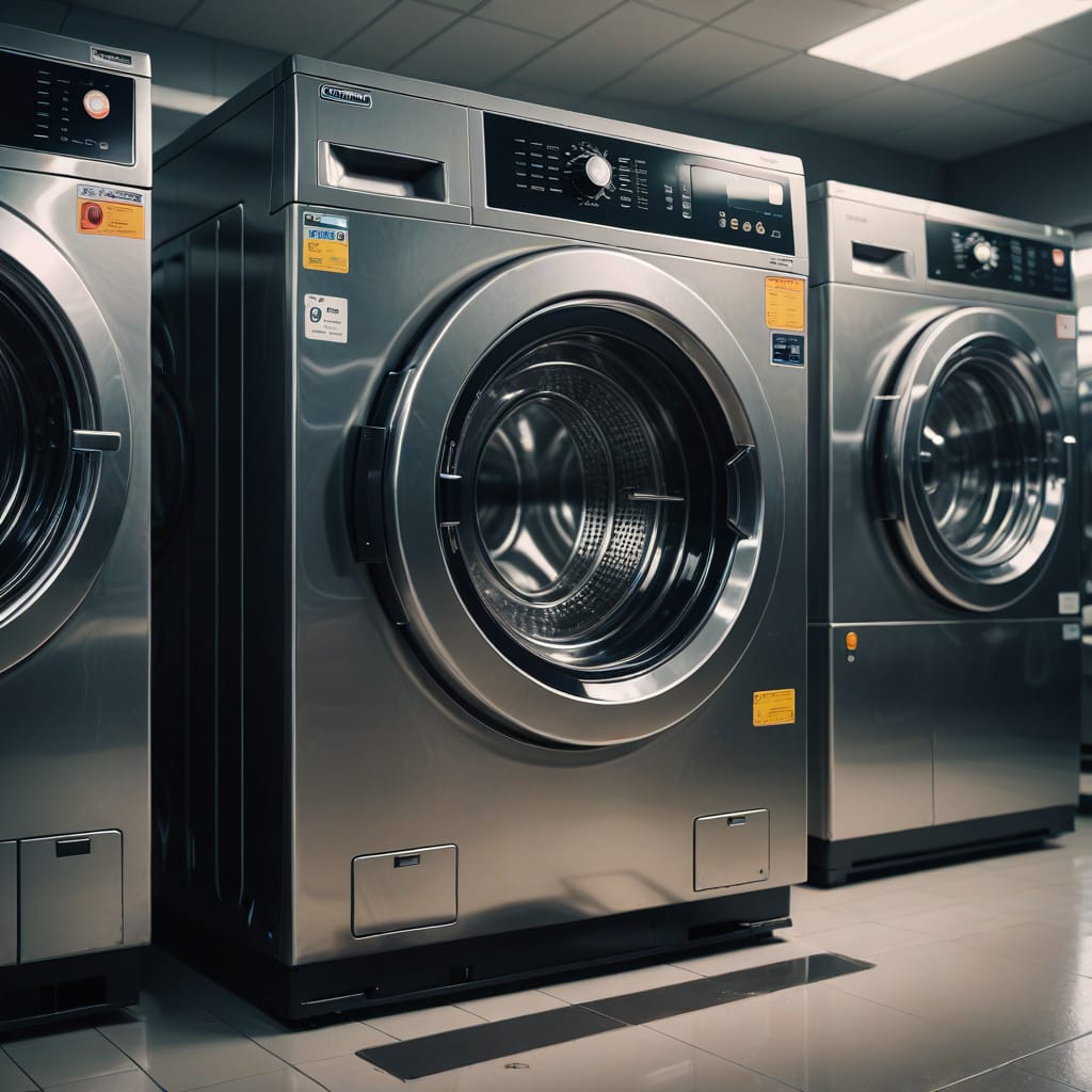 New commercial washing machine installation in a clean laundromat startup