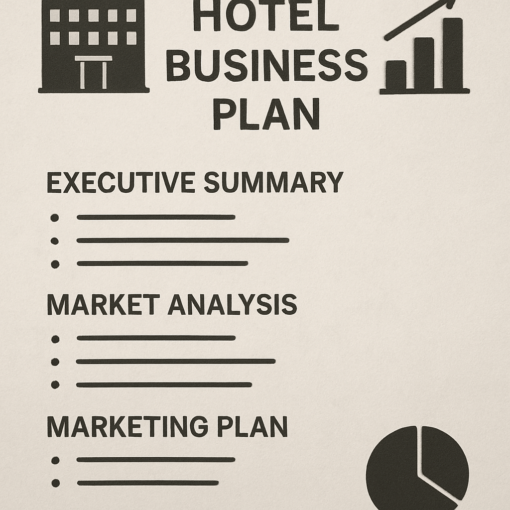 Hotel Business Plan Template Preview - Shows Executive Summary, Market Analysis, and Marketing Plan sections
