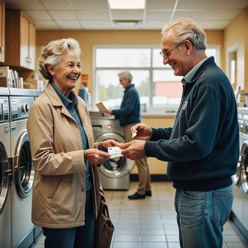 Laundromat owner discussing a loyalty program with a senior customer