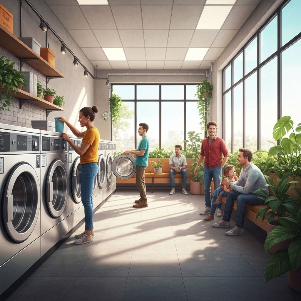 Modern laundromat interior with energy-efficient washers and dryers and happy customers