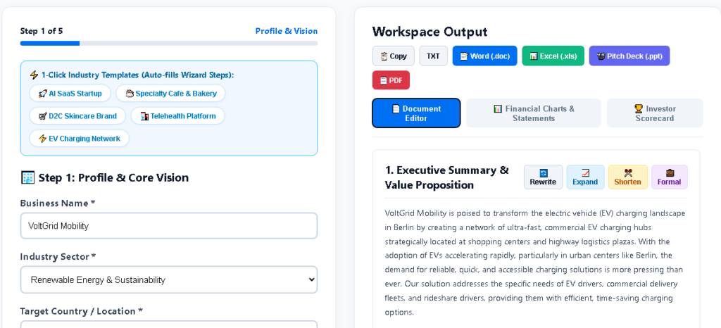 AI business plan generator dashboard